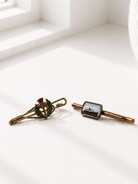 Vintage Scottish Thistle & Ship-Themed Gold Tone Tie Bars Enamel Accents Collect